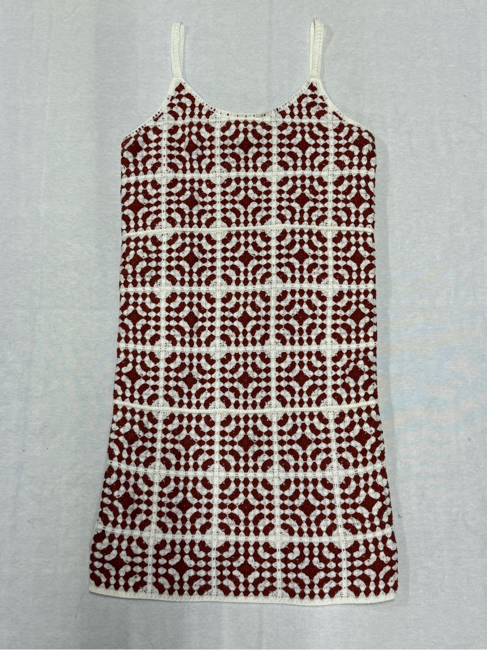 Crochet Mini Dress in Burgundy and White - Picture 1 of 7